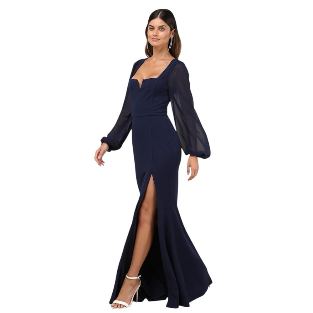 Lulus Composed Elegance Navy Balloon Sleeve Mermaid Maxi Dress